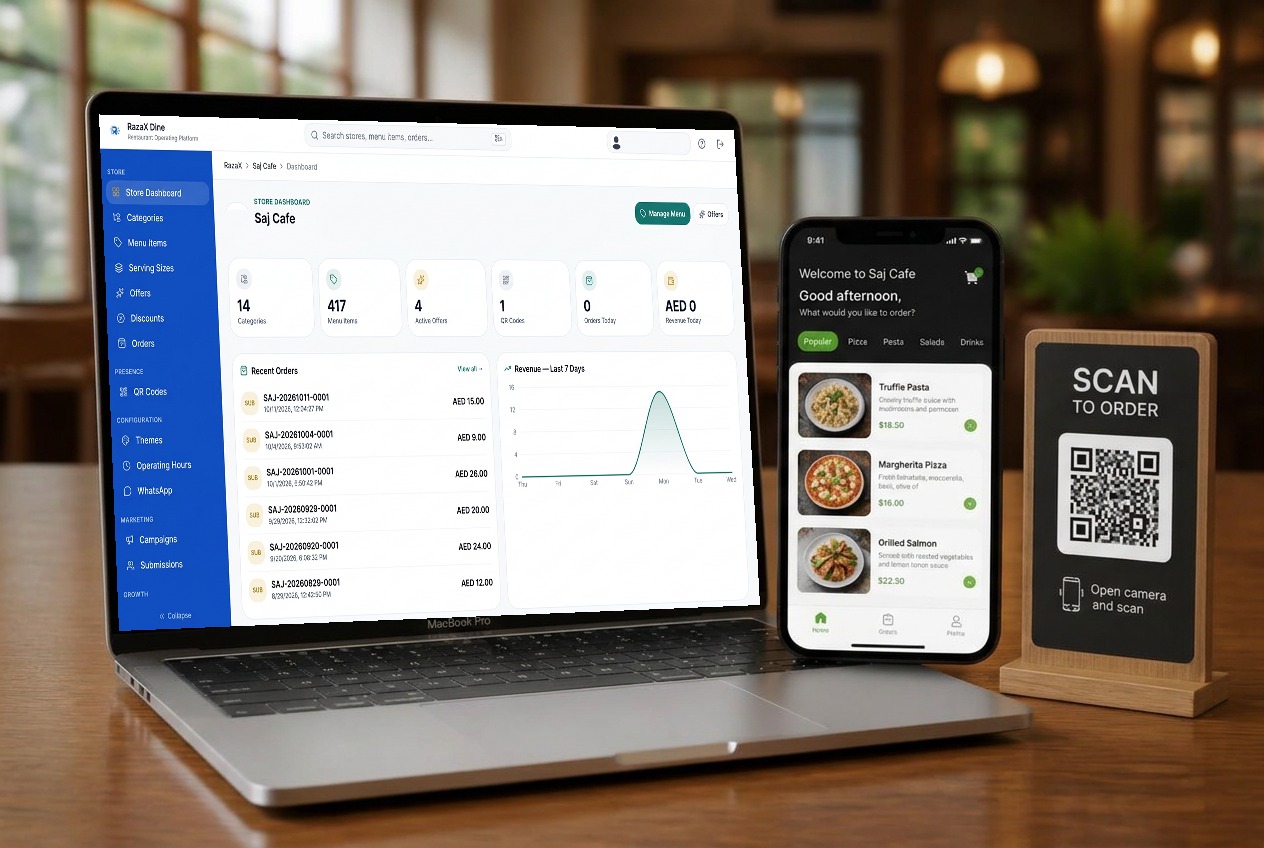 RazaX Dine restaurant dashboard on a laptop, a mobile ordering app on a phone, and a QR ordering stand on a restaurant table.