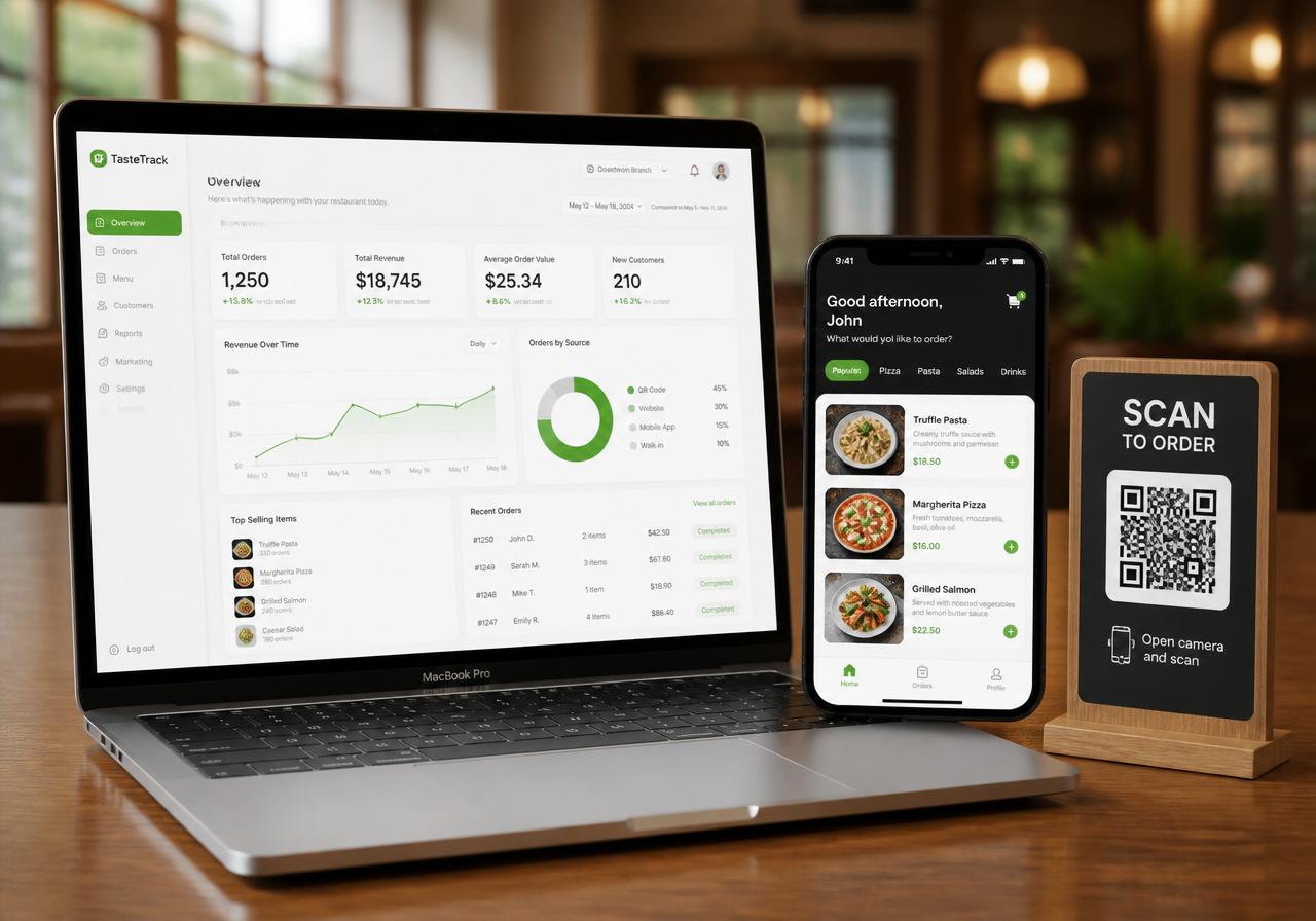 RazaX restaurant dashboard on a laptop, a mobile ordering app on a phone, and a QR ordering stand on a restaurant table.